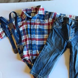 Carter’s flannel shirt with jeans and suspenders
